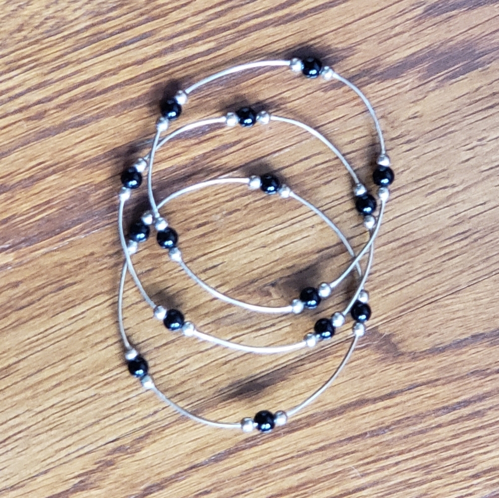 Sterling Silver Bangle Bracelets (3) w/ Onyx Beads